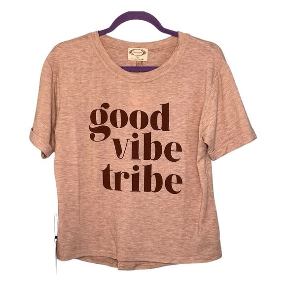 Mia Joy Joyfolie Good Vibe Tribe Graphic Tee Heather Oat Short Sleeve Crewneck X - Picture 1 of 6